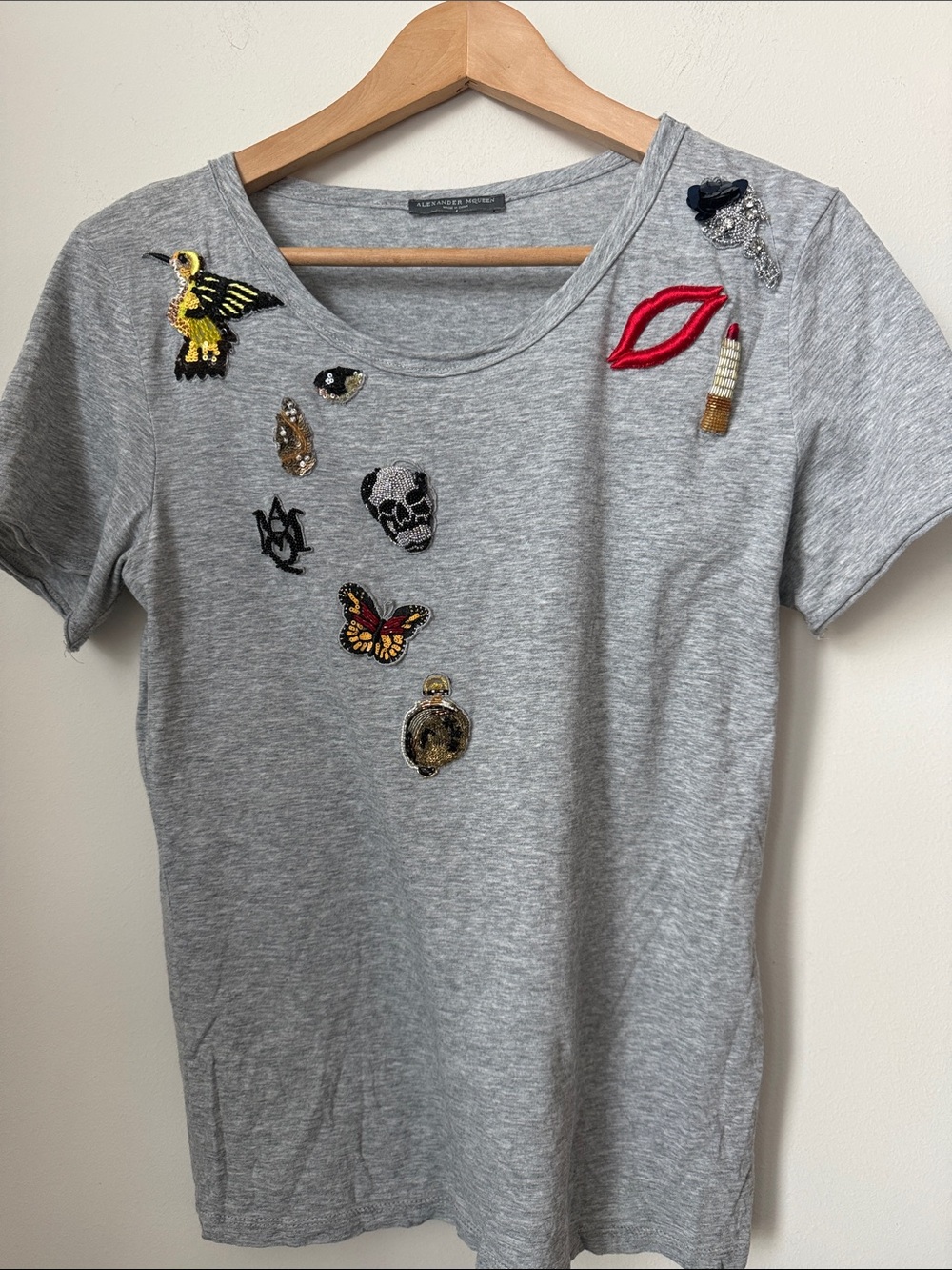 Alexander McQueen Grey Tee with Embroidered Patches